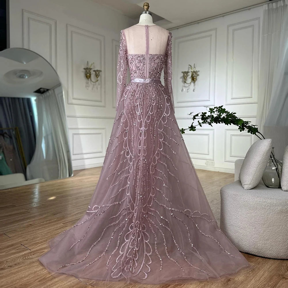 Luxury Dubai Pink Beaded Saudi Arabic Mermaid Evening Gown with Sheer Long Sleeves for Formal Occasion LA72875 - SERENE HILL