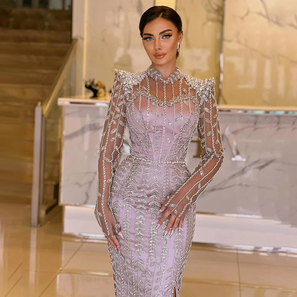 Luxury Dubai Pink Elegant Pearls Beaded Mermaid Evening Dress LA72826 –  SERENE HILL