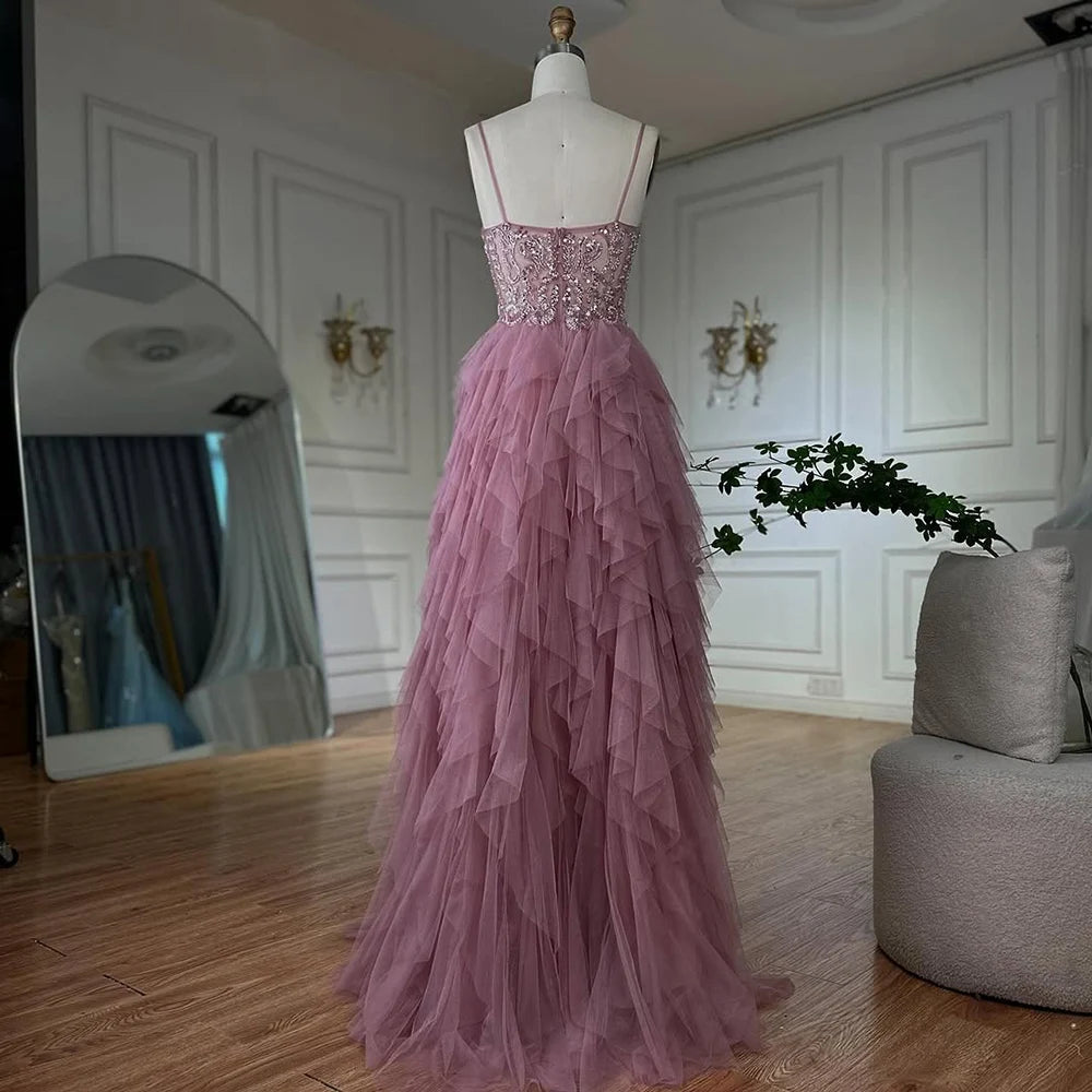 Luxury Dubai Pink Spaghetti Strap Evening Gown Beaded Bodice and Layered Tulle Skirt for Formal Occasion LA72893 - SERENE HILL