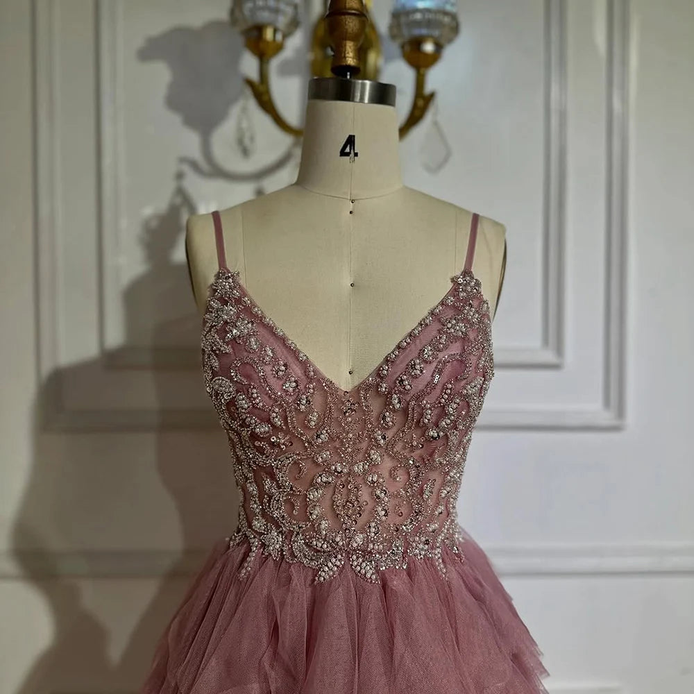 Luxury Dubai Pink Spaghetti Strap Evening Gown Beaded Bodice and Layered Tulle Skirt for Formal Occasion LA72893 - SERENE HILL