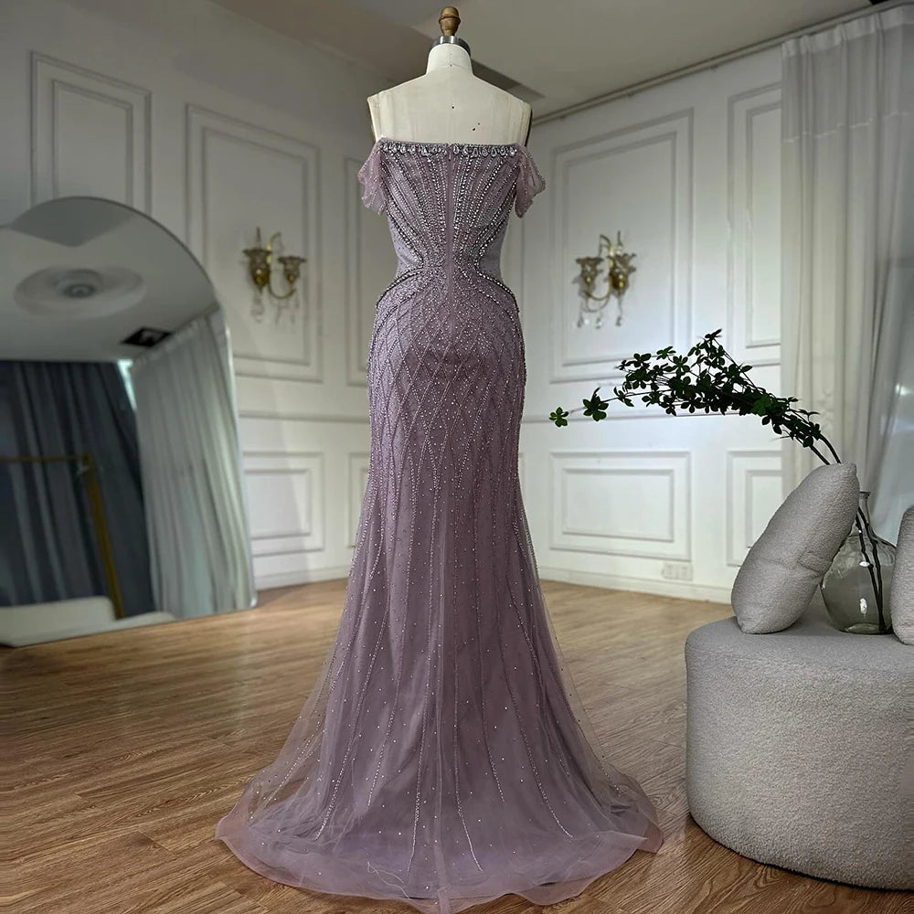 Saudi Arabic Off Shoulder Nude Beaded Tulle Mermaid Evening Gown LA72854 - SERENE HILL