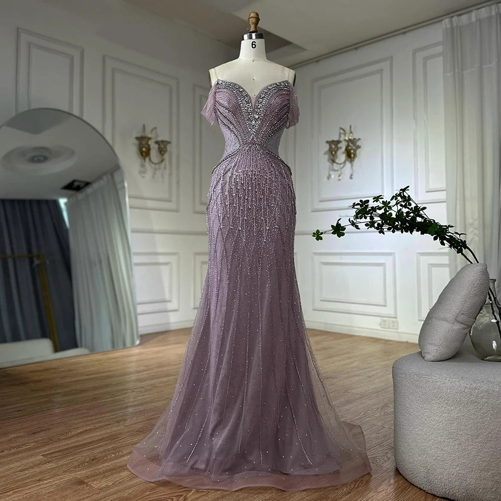 Saudi Arabic Off Shoulder Nude Beaded Tulle Mermaid Evening Gown LA72854 - SERENE HILL