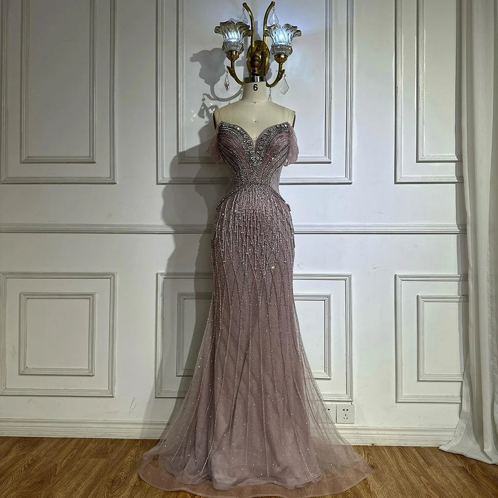 Saudi Arabic Off Shoulder Nude Beaded Tulle Mermaid Evening Gown LA72854 - SERENE HILL