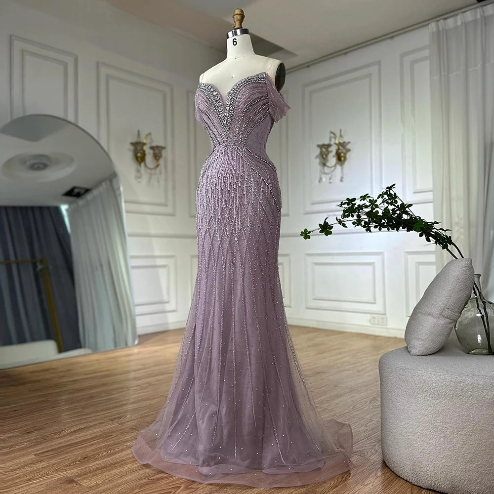 Saudi Arabic Off Shoulder Nude Beaded Tulle Mermaid Evening Gown LA72854 - SERENE HILL