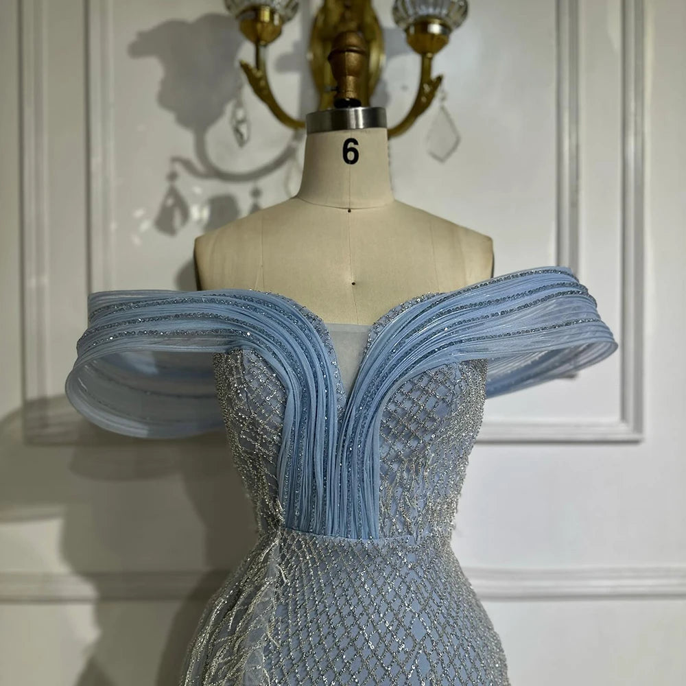 Luxury Blue Beaded Off-Shoulder Mermaid Evening Gown LA72867 - SERENE HILL