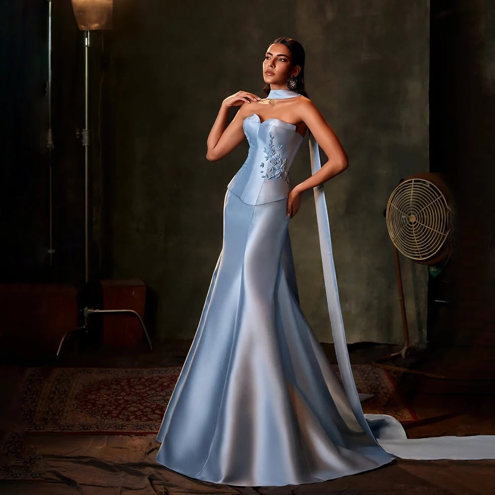 Serene Hill 2025 Customized Saudi Blue Strapless Mermaid Satin Evenin Blue / 8