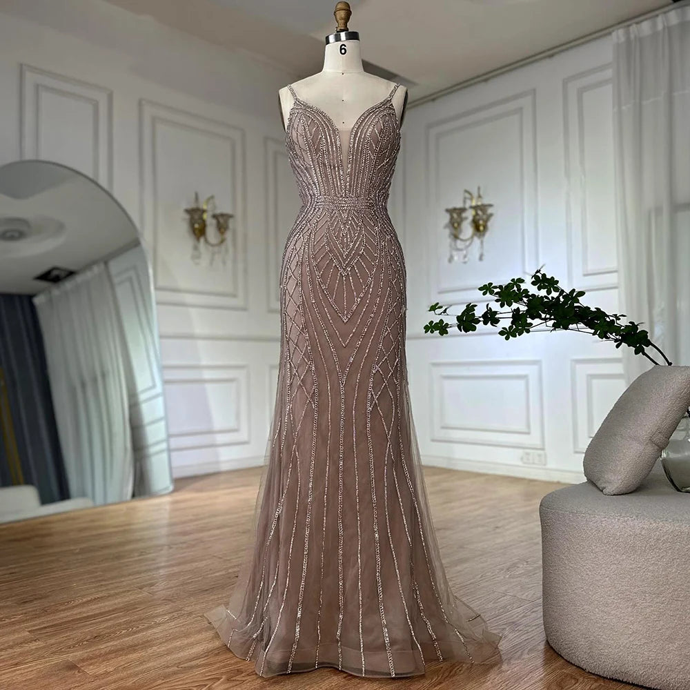 Luxury Dubai Saudi Caramel Mermaid Arabic Evening Dresses with Beaded Cape Sleeves for Formal Occasion LA72852 - SERENE HILL