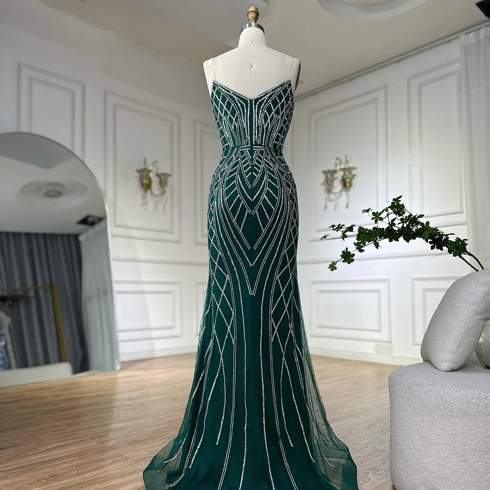 Luxury Dubai Saudi Green Mermaid Arabic Evening Dresses with Beaded Cape Sleeves for Formal Occasion LA72838 - SERENE HILL