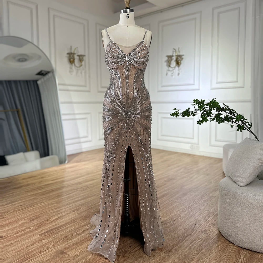 Luxury Dubai Silver Nude Beaded Spaghetti Strap Mermaid Evening Dresses Gowns for Formal Occasion LA72803 - SERENE HILL