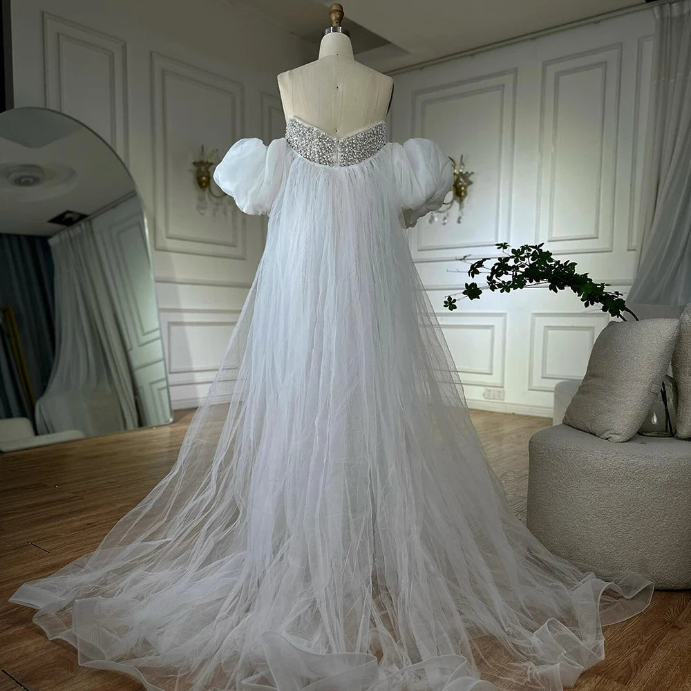 Nude Beaded Evening Gown with Vintage Half Puff Sleeves LA72653A - SERENE HILL