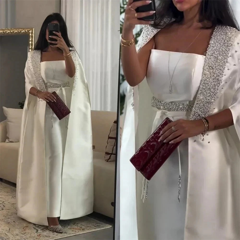 Luxury Dubai White Satin Mermaid Evening Dress with Long Cape LA72825 - SERENE HILL