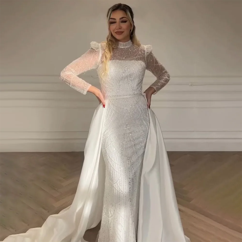 Luxury Dubai White Muslim Mermaid Evening Dress Gown with Detachable Overskirt for Formal Occasion LA72032L - SERENE HILL