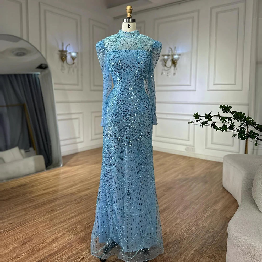 Luxury Dubai White Muslim Mermaid Evening Dress Gown with Detachable Overskirt for Formal Occasion LA72032L - SERENE HILL