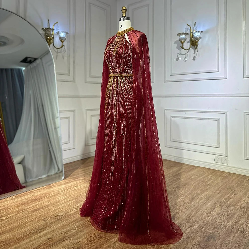 Luxury Dubai Wine Red Beaded Mermaid Saudi Evening Dress with Cape for Formal Occasion LA72707A - SERENE HILL