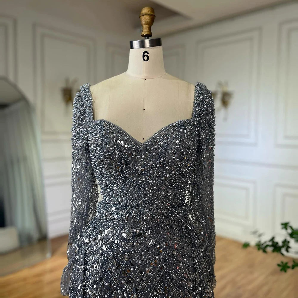 Luxury Dubai Saudi Arabic Gray Mermaid Beaded With Overskirt Evening Dresses Gowns For Formal Occasion LA72849 - SERENE HILL