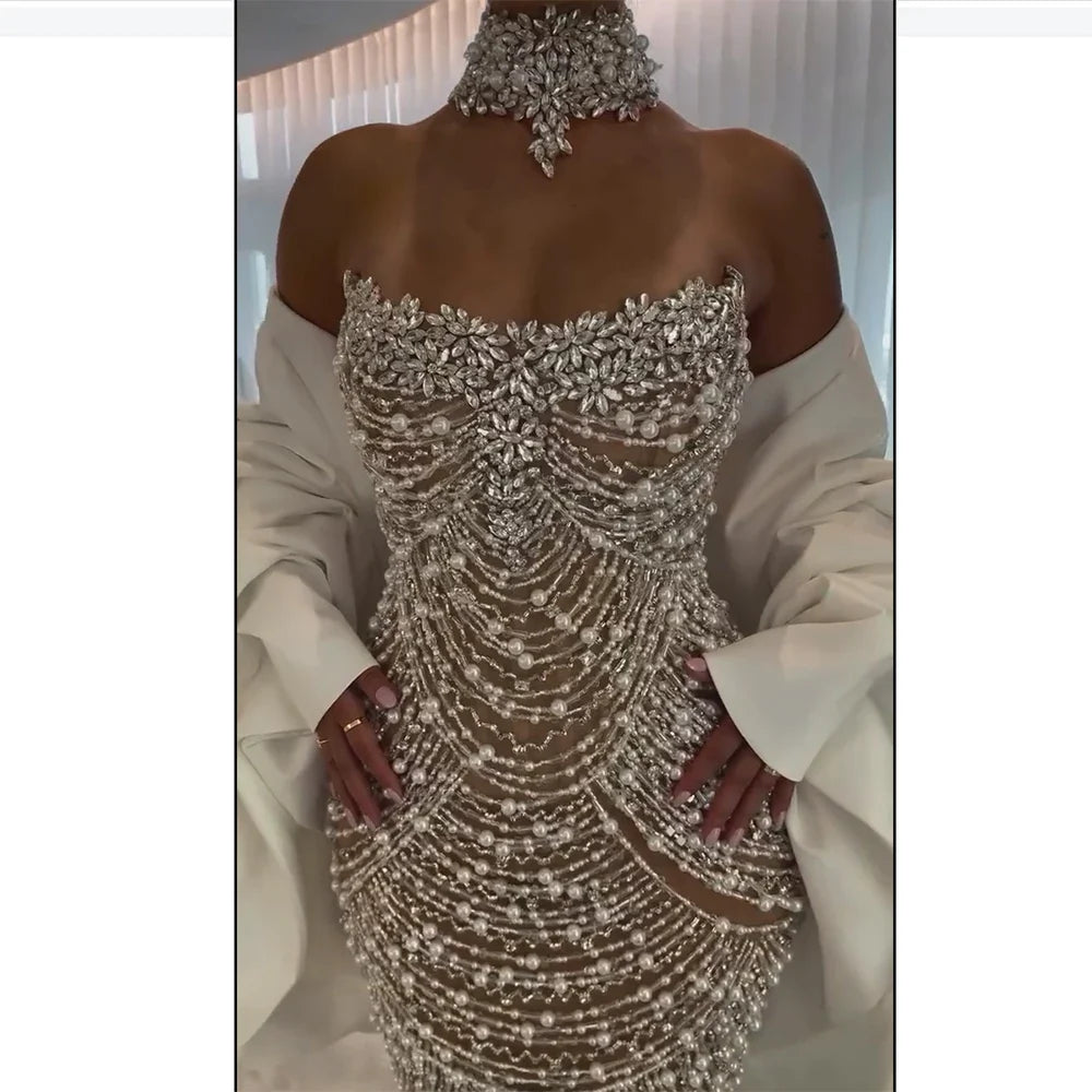 Luxury Famous White Nude Pearls Beaded Mermaid Evening Dress With Cape –  SERENE HILL