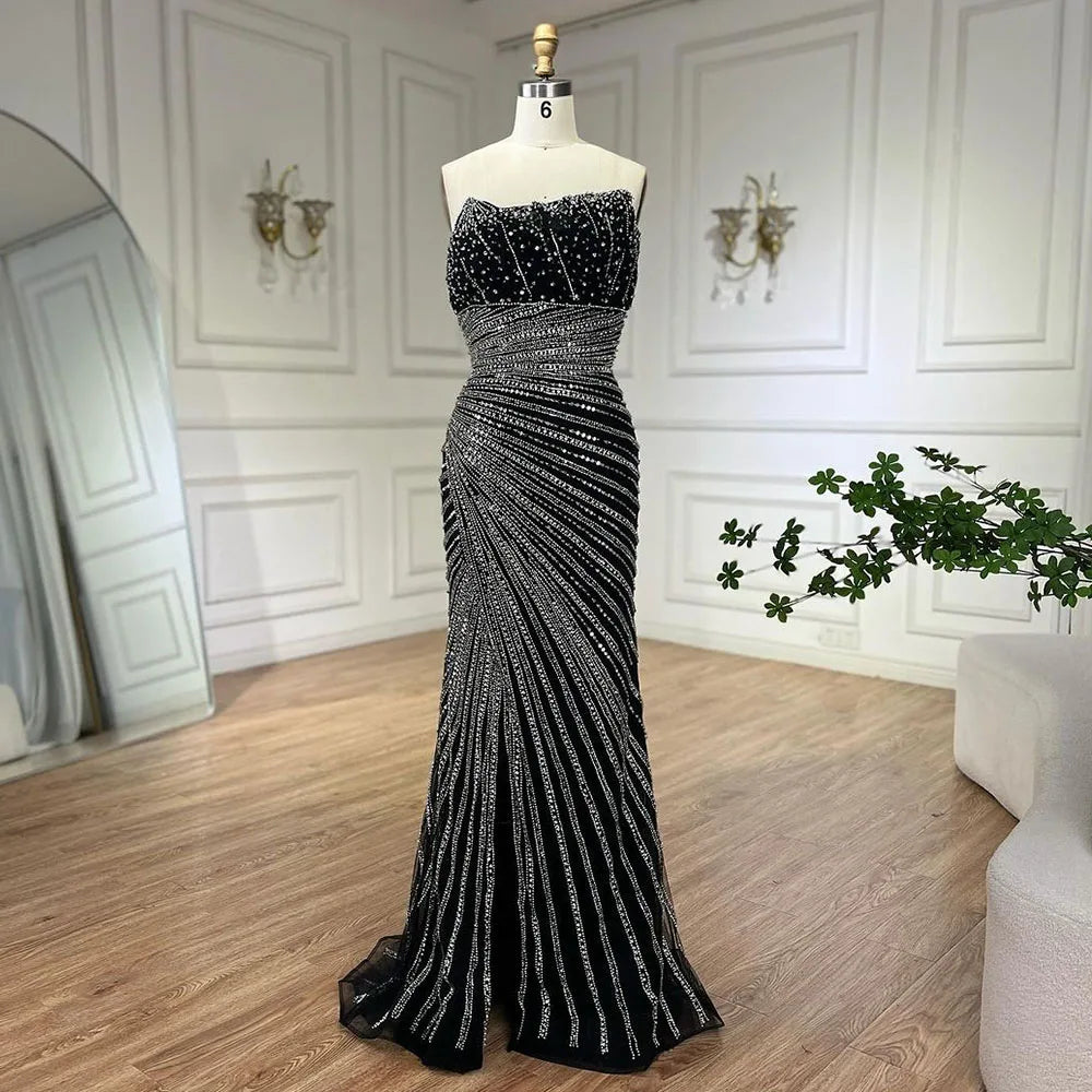 Serene Hill Arabia Black Elegant Split Mermaid Beaded Evening Dresses Gowns for Women Wedding Party 2025 LA72514 - SERENE HILL