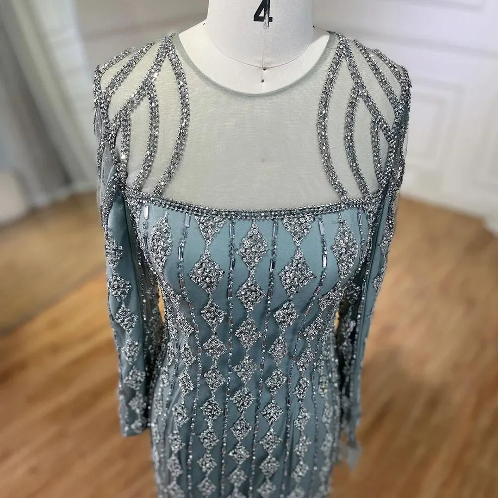 Luxury Sage Green Dubai Evening Dresses Mermaid Muslim Long Sleeves LA72292 - SERENE HILL