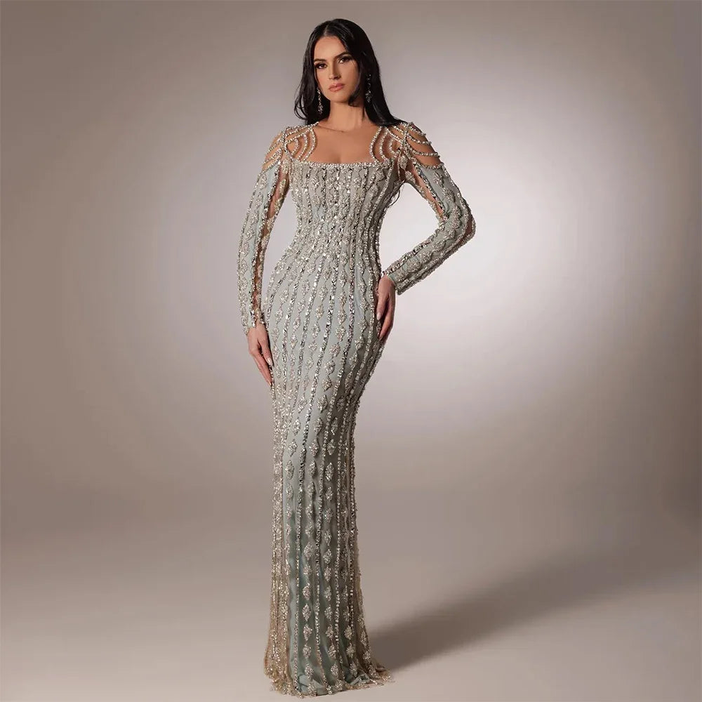 Luxury Sage Green Dubai Evening Dresses Mermaid Muslim Long Sleeves LA72292 - SERENE HILL