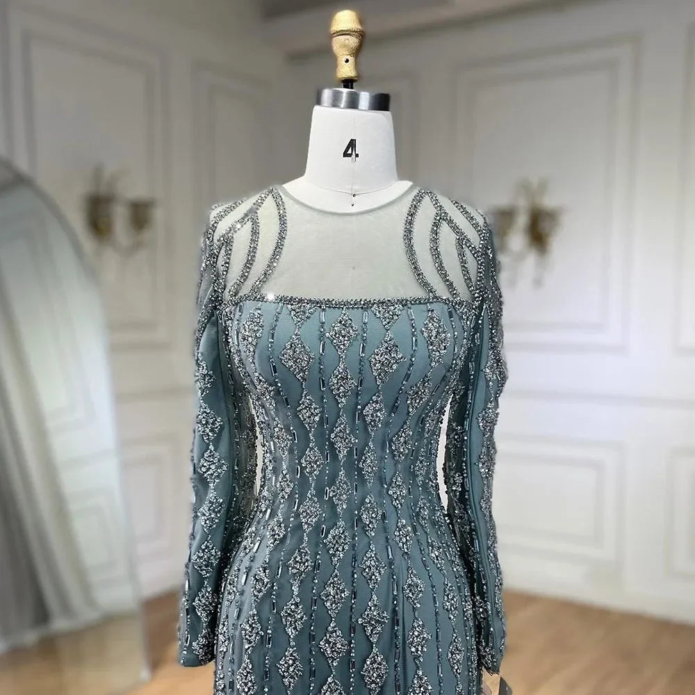 Luxury Sage Green Dubai Evening Dresses Mermaid Muslim Long Sleeves LA72292 - SERENE HILL