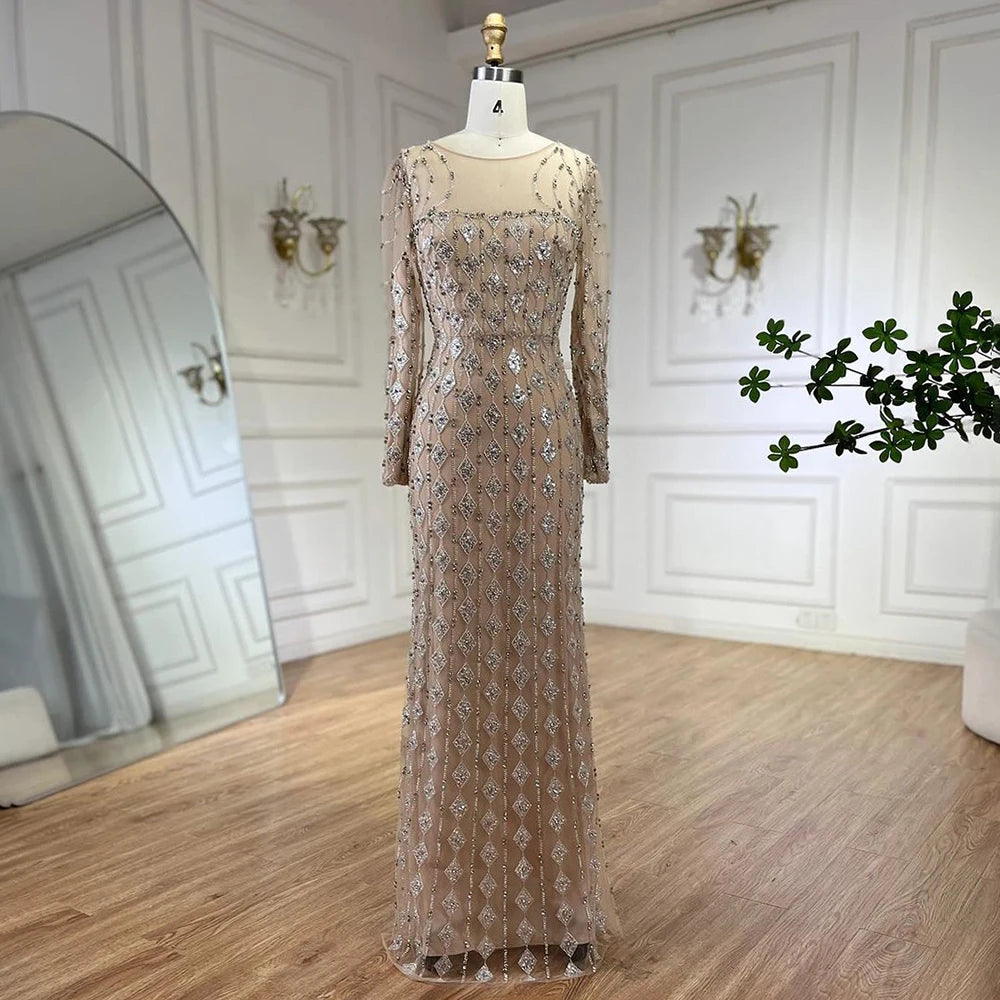 Luxury Sage Green Dubai Evening Dresses Mermaid Muslim Long Sleeves LA72292 - SERENE HILL