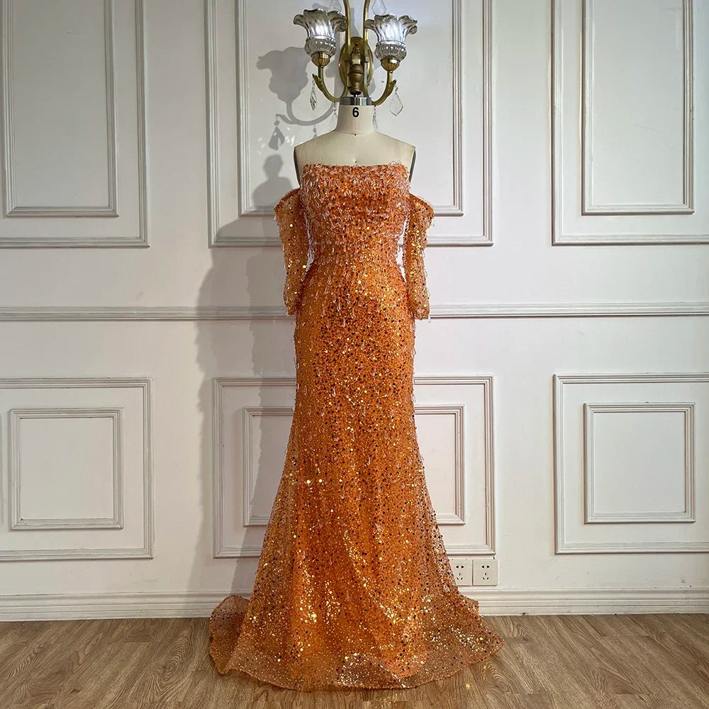 Serene Hill Arabia Orange Mermaid Luxury Beaded Crystal Evening Dresses Gowns for Women Wedding Party 2025 LA72402 - SERENE HILL