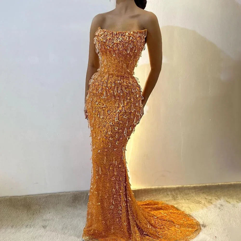 Serene Hill Arabia Orange Mermaid Luxury Beaded Crystal Evening Dresses Gowns for Women Wedding Party 2025 LA72402 - SERENE HILL