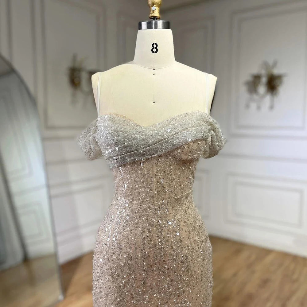 Serene Hill Arabia White Nude Mermaid Boat Neck Luxury Evening Dresses Gowns High Split for Women Wedding Party 2025 LA72301 - SERENE HILL