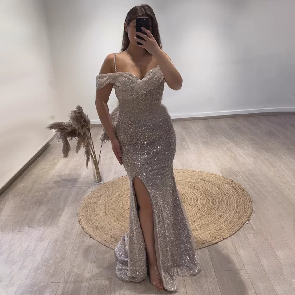 Serene Hill Arabia White Nude Mermaid Boat Neck Luxury Evening Dresses Gowns High Split for Women Wedding Party 2025 LA72301 - SERENE HILL