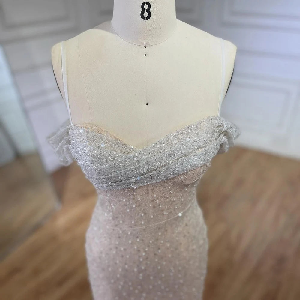 Serene Hill Arabia White Nude Mermaid Boat Neck Luxury Evening Dresses Gowns High Split for Women Wedding Party 2025 LA72301 - SERENE HILL