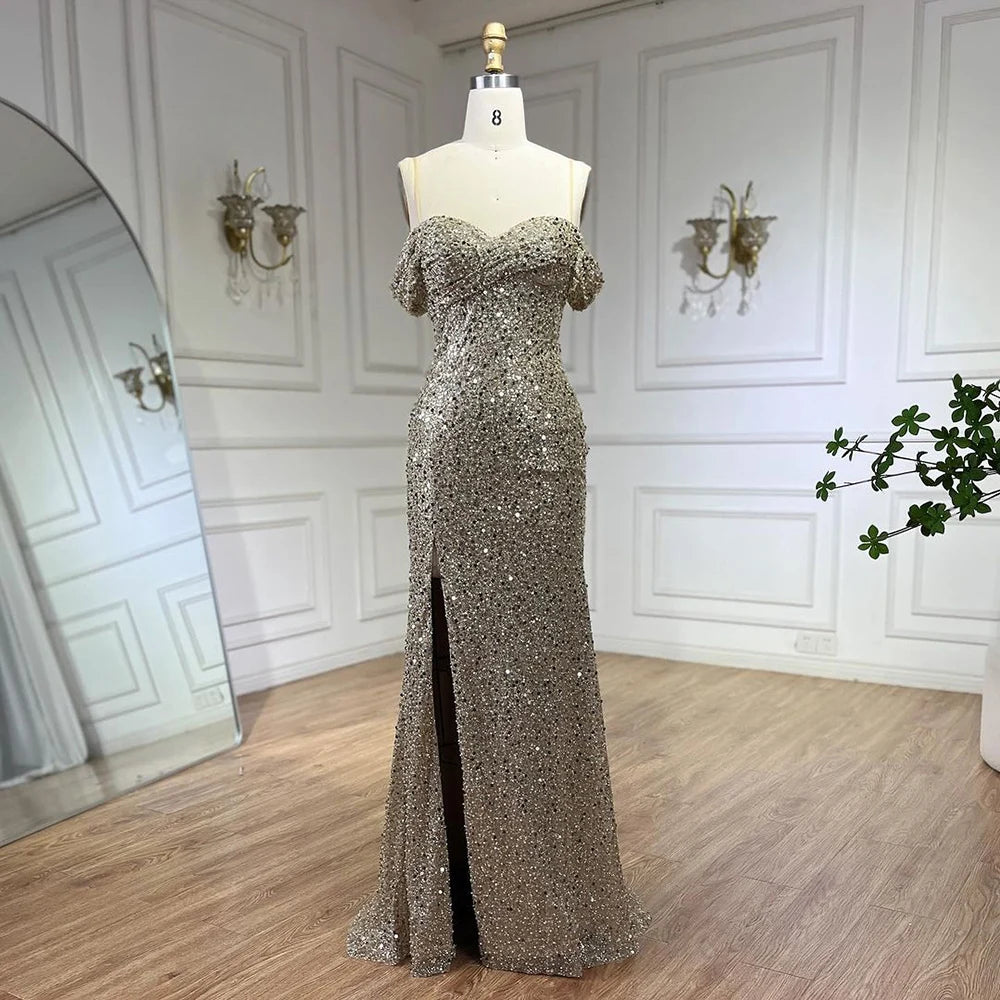 Serene Hill Arabia White Nude Mermaid Boat Neck Luxury Evening Dresses Gowns High Split for Women Wedding Party 2025 LA72301 - SERENE HILL