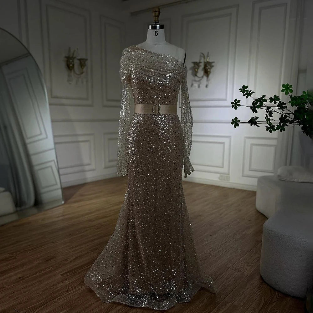 Serene Hill Arabia caramel Mermaid One Shoulder Luxury Beaded Evening Dresses Gowns 2025 For Women Wedding Party LA72285 - SERENE HILL