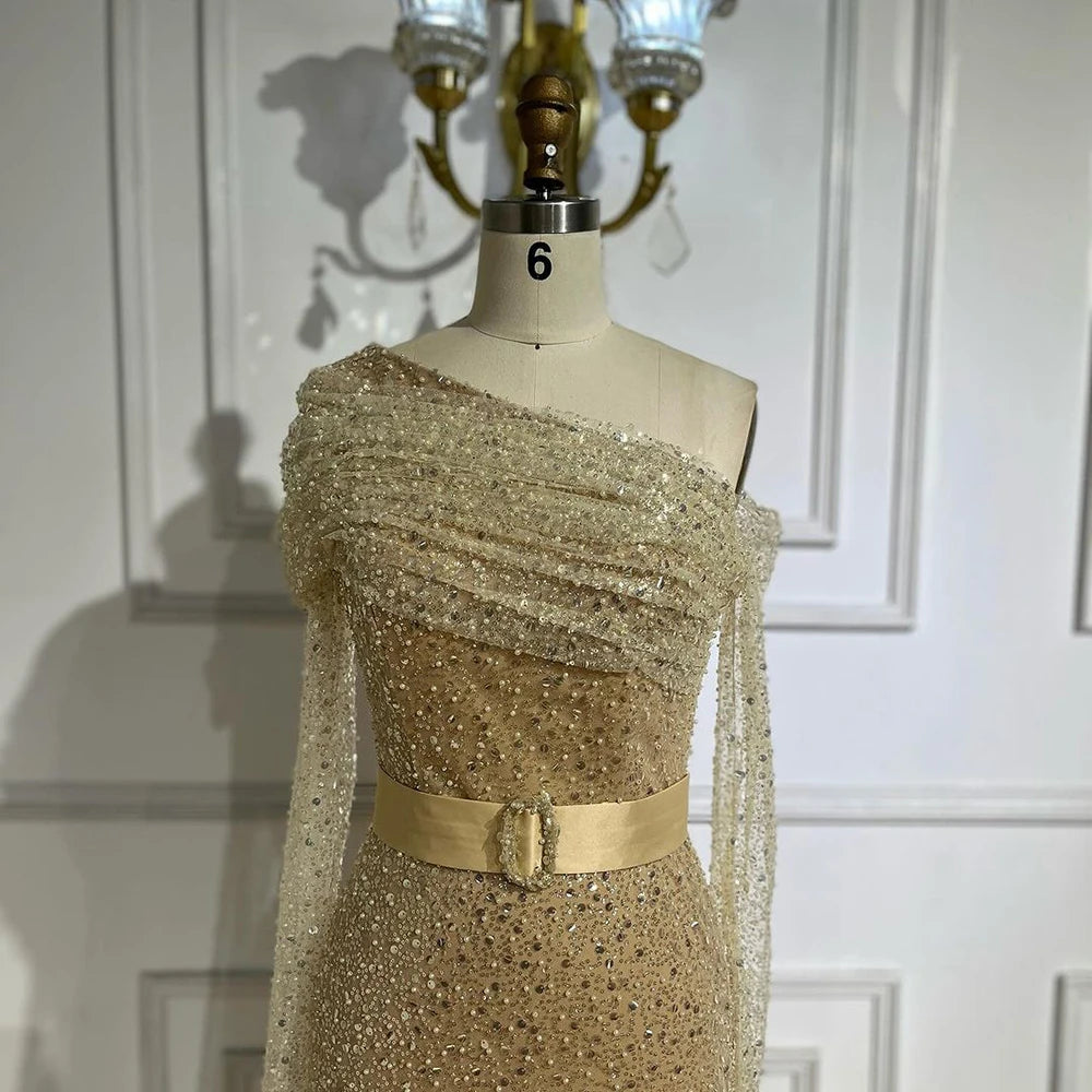 Serene Hill Arabia caramel Mermaid One Shoulder Luxury Beaded Evening Dresses Gowns 2025 For Women Wedding Party LA72285 - SERENE HILL