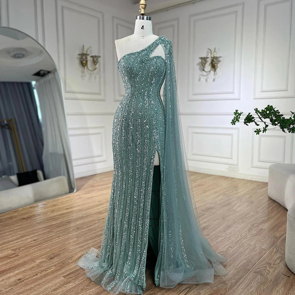Serene Hill Arabic Beaded One Shoulder Cape Sleeves Turquoise Mermaid Evening Dresses Gowns For Women Wedding Party 2025 LA72284 - SERENE HILL