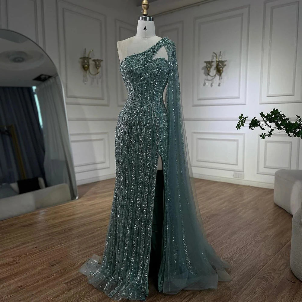 Serene Hill Arabic Beaded One Shoulder Cape Sleeves Turquoise Mermaid Evening Dresses Gowns For Women Wedding Party 2025 LA72284 - SERENE HILL