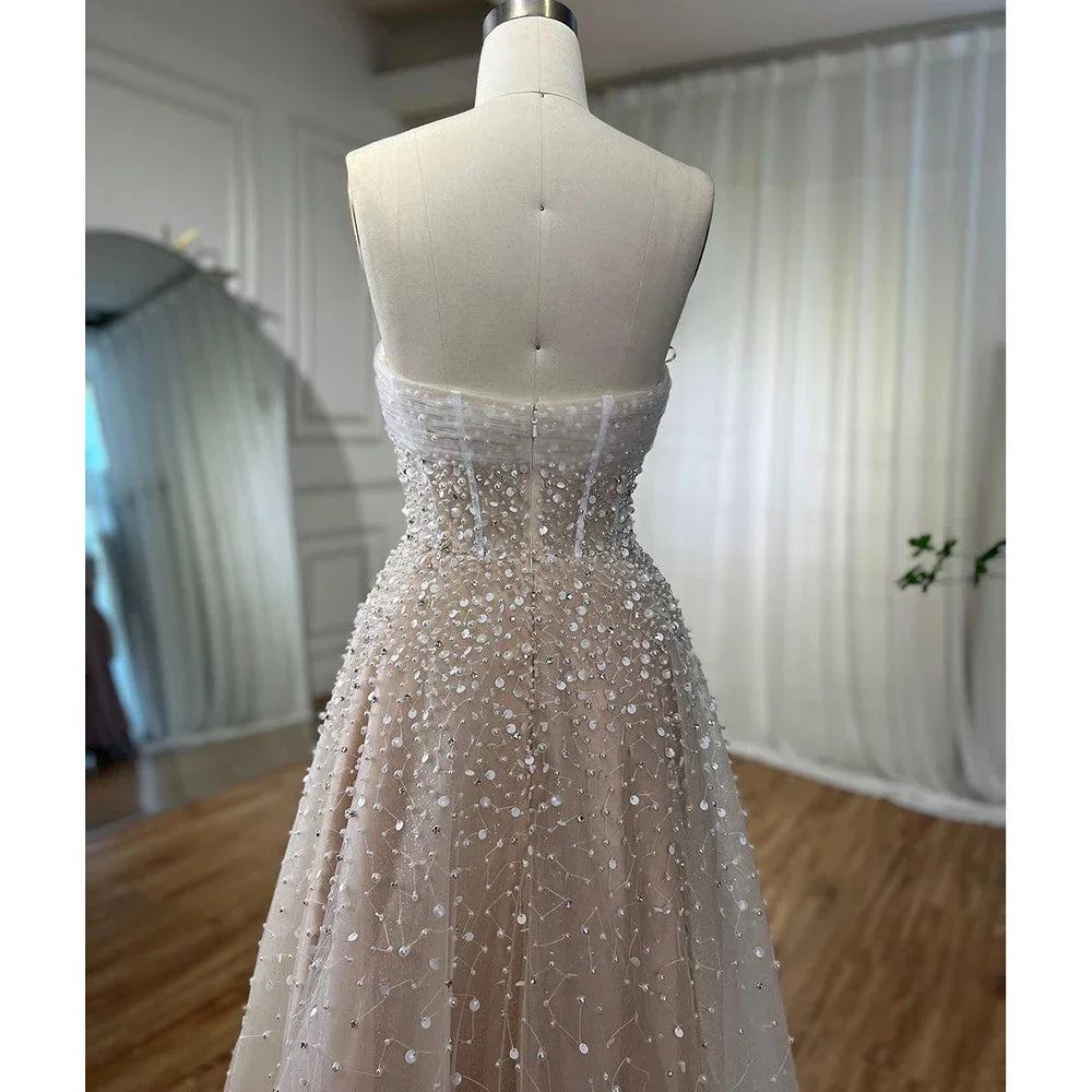 Pearls White Nude Arabic Evening Dresses with Gloves LA72009 - SERENE HILL