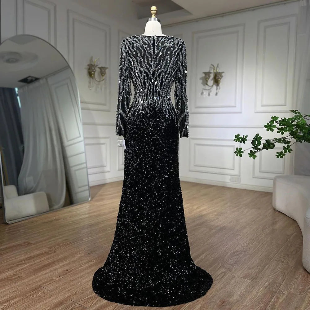 Black Mermaid Dubai Evening Dresses Elegant V-Neck Long Sleeves LA72220 - SERENE HILL