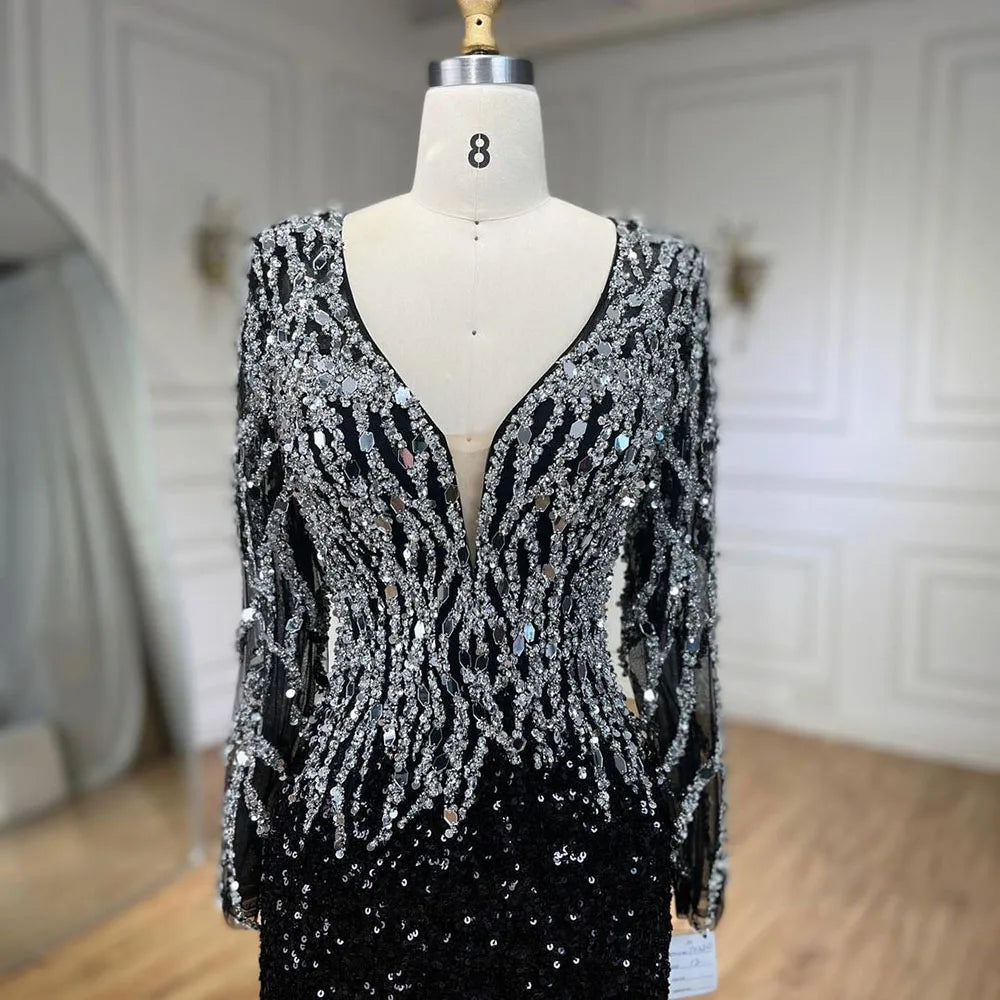 Black Mermaid Dubai Evening Dresses Elegant V-Neck Long Sleeves LA72220 - SERENE HILL