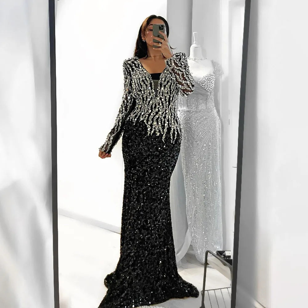 Black Mermaid Dubai Evening Dresses Elegant V-Neck Long Sleeves LA7222 SERENE HILL Black Mermaid Dubai Evening Dresses Elegant V-Neck Long Sleeves LA7222 SERENE HILL