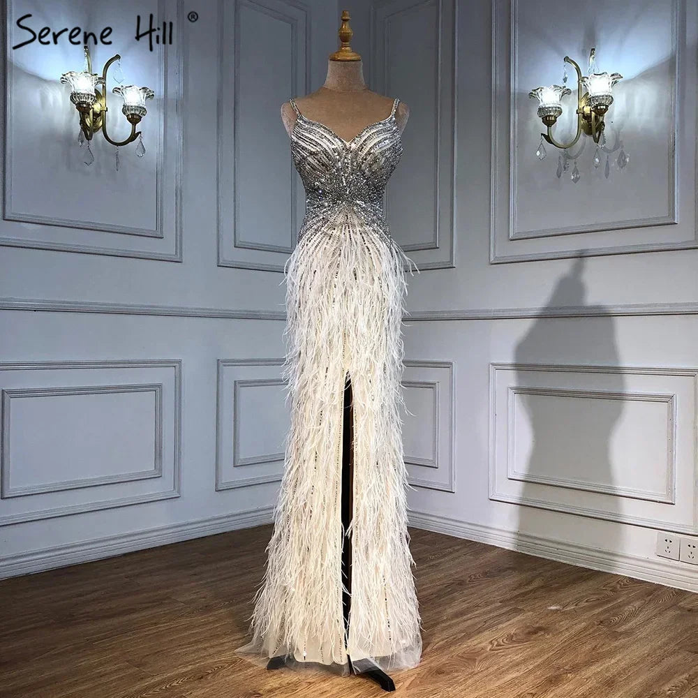 Luxury Classy blue Feathers Beaded Mermaid Prom Dress with Split LA70623 - SERENE HILL