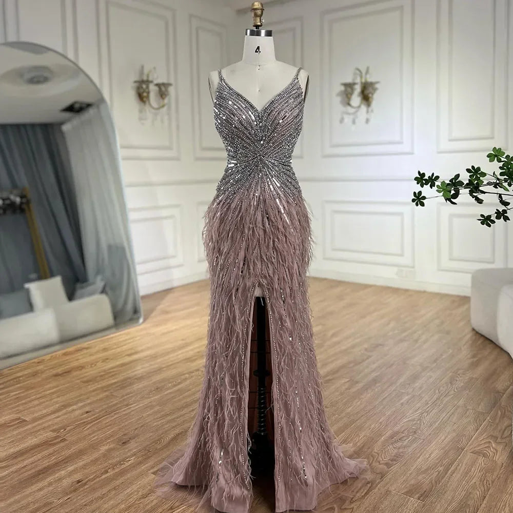 Luxury Classy blue Feathers Beaded Mermaid Prom Dress with Split LA70623 - SERENE HILL
