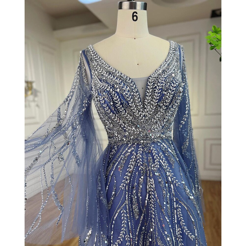 Serene Hill Arabic Blue A Line Beaded Evening Dresses Long 2025 Celebrity Gowns For Women Wedding Party LA72099 - SERENE HILL