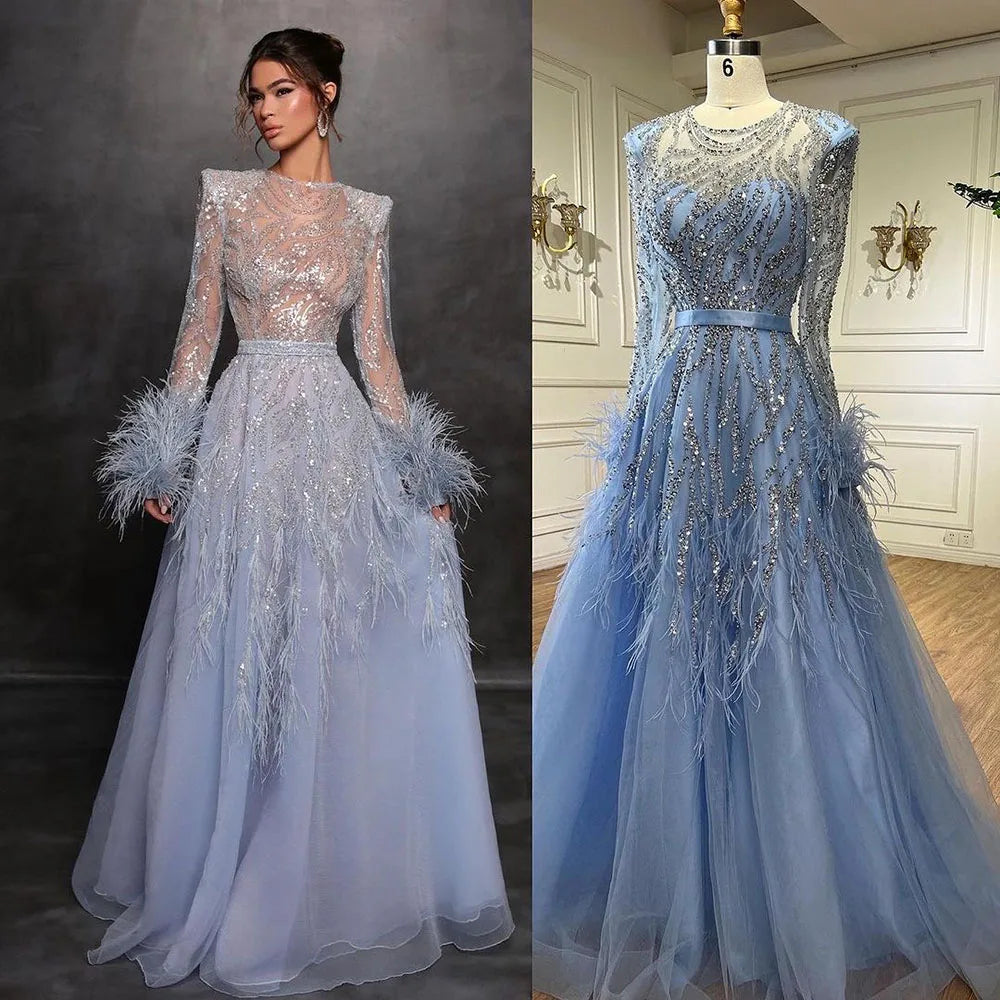 Serene Hill Arabic Blue A Line Beaded Feathers Luxury Dubai Long Evening Dresses Gowns For Women Wedding Party 2025 LA71993 - SERENE HILL