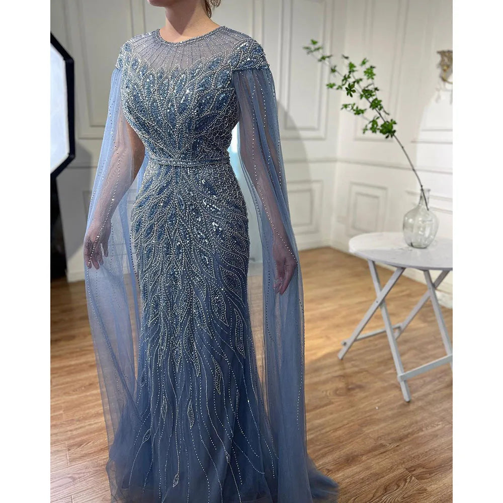 Luxury Arabic Blue Mermaid Evening Dress with Cape Sleeves LA71999 - SERENE HILL