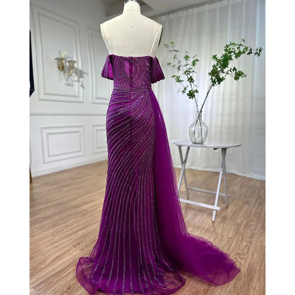 Serene Hill Arabic Blue Elegant Mermaid Sexy High Split Beaded Luxury Evening Dresses Gowns 2025 For Women Wedding Party LA71934 - SERENE HILL