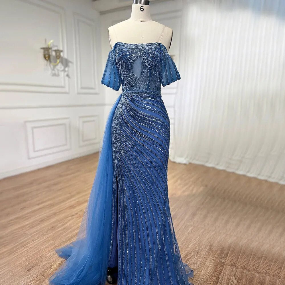 Serene Hill Arabic Blue Elegant Mermaid Sexy High Split Beaded Luxury Evening Dresses Gowns 2025 For Women Wedding Party LA71934 - SERENE HILL