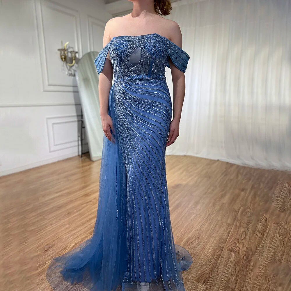 Serene Hill Arabic Blue Elegant Mermaid Sexy High Split Beaded Luxury Evening Dresses Gowns 2025 For Women Wedding Party LA71934 - SERENE HILL