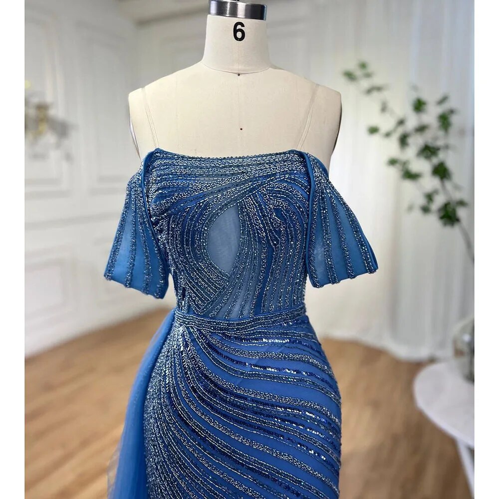 Serene Hill Arabic Blue Elegant Mermaid Sexy High Split Beaded Luxury Evening Dresses Gowns 2025 For Women Wedding Party LA71934 - SERENE HILL