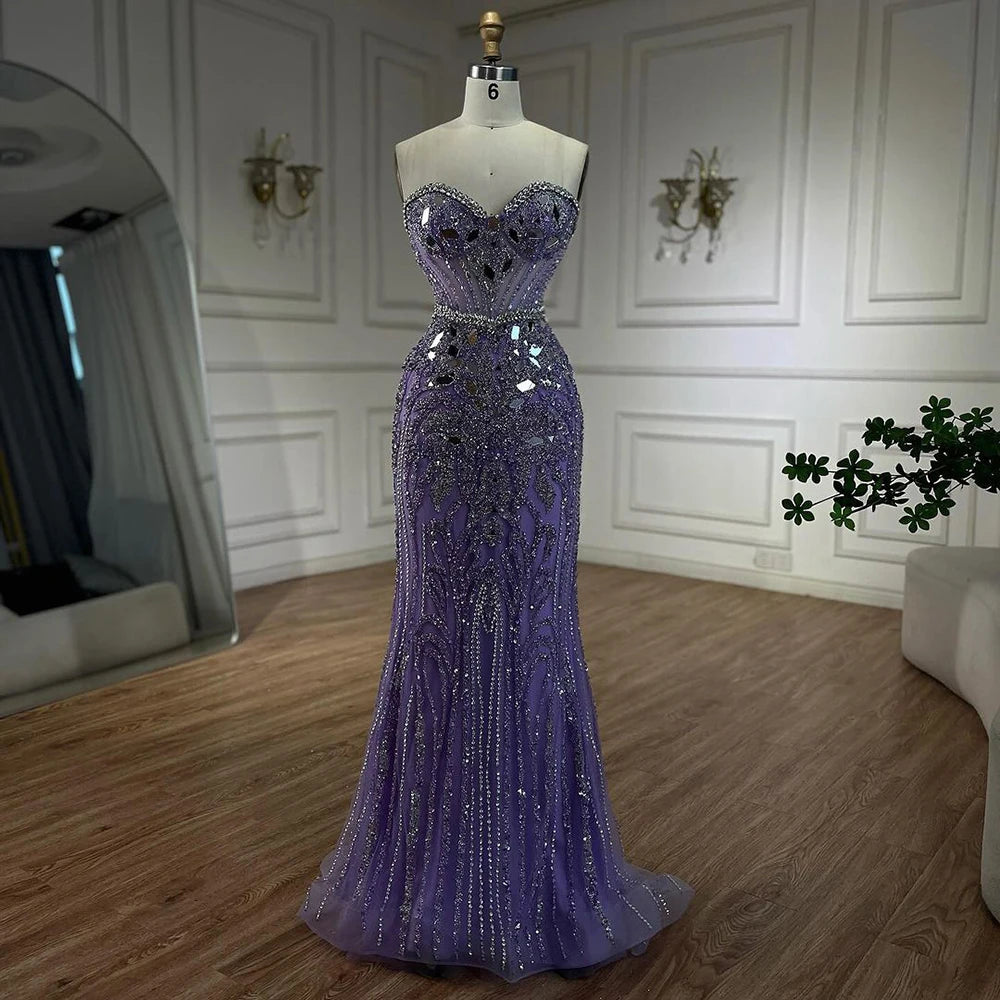 Serene Hill Arabic Blue Elegant Mermaid Beaded Luxury Dubai Evening Dresses Gowns 2025 for Women&