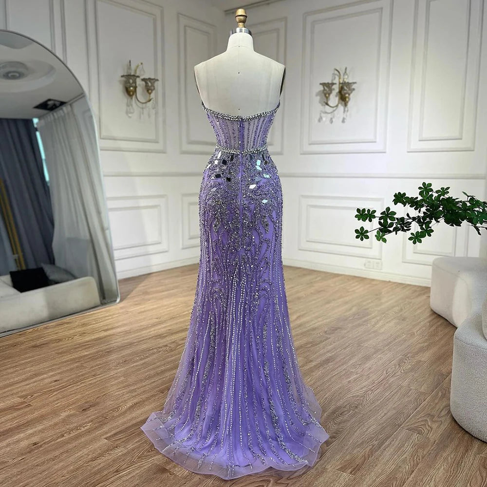 Serene Hill Arabic Blue Elegant Mermaid Beaded Luxury Dubai Evening Dresses Gowns 2025 for Women&